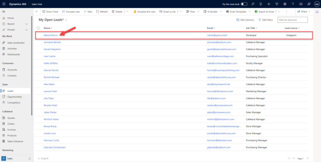 Dynamics 365 Sales leads view