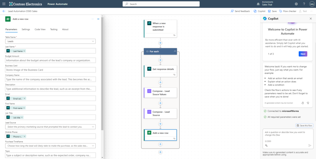 Power Automate Flow add new row to dataverse